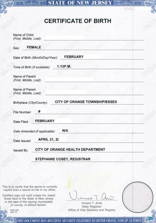 Download United States Department of health of New Jersey birth certificate Photoshop template